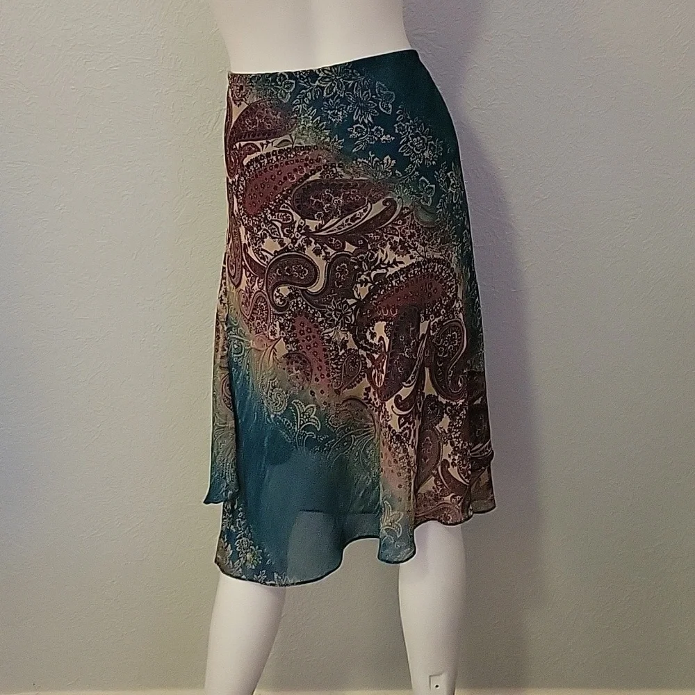 VTG BARANDA Y2k Fairycore Teal Paisley Chiffon Elastic Waist Longline Skirt